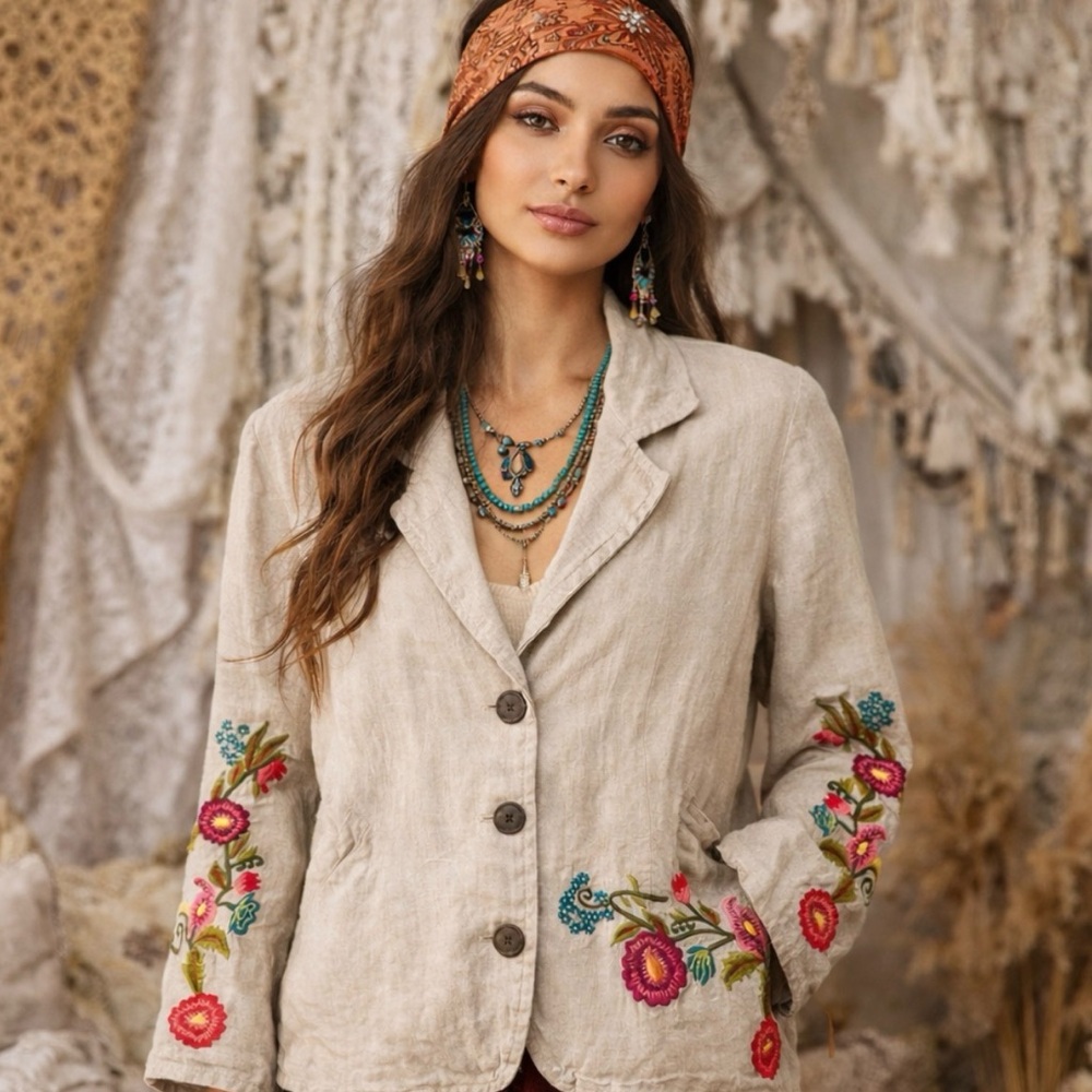 Caite Embroidered Linen Blazer Size L Beige Tan Floral Boho Western Cowgirl
